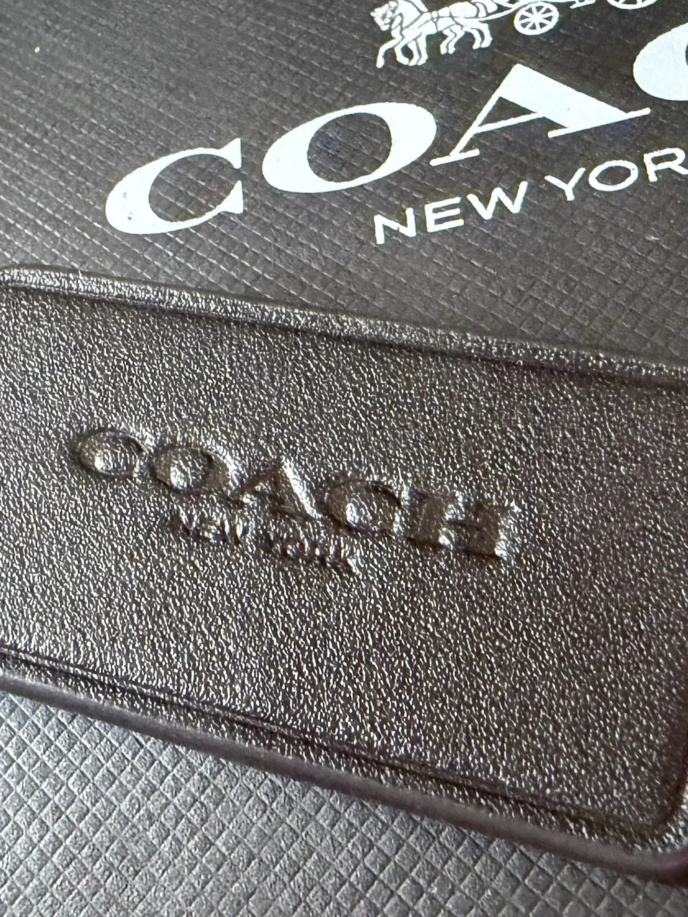 COACH New York Embossed Black Leather Bag Tag Charm Keychain BRAND NEW